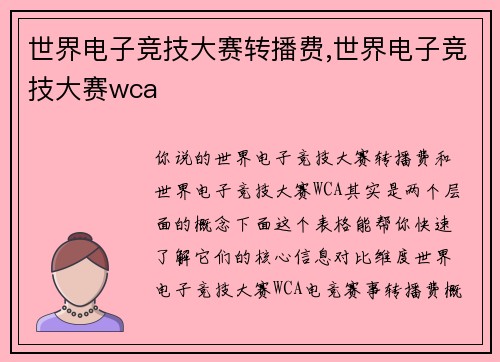 世界电子竞技大赛转播费,世界电子竞技大赛wca